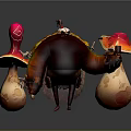 Cartoon Character With Orange Yellow Feathered Body Holding Two Red Cap Mushrooms With White Spots