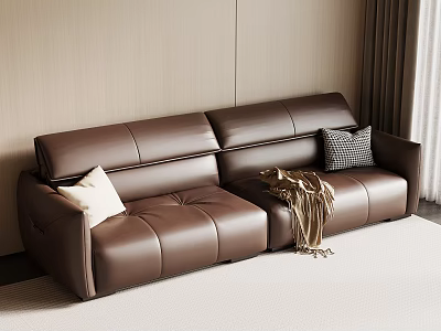 Modern Brown Leather Two Seater Sofa With Pillows And Throw Blanket In Living Room 3d model