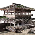 Ancient Traditional Architecture With Multi Story Eave Roof Wooden Frame Stone Steps And Carved Railings