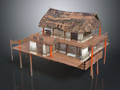 Two Story Traditional Stilt House With Thatched Roof Wooden Structure And Balcony 3d model