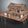 Two Story Traditional Stilt House With Thatched Roof Wooden Structure And Balcony