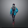 3D Character Wearing Blue Jacket Black Tight Pants Red Shoes Hat And Headphones