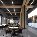 Modern Indoor Dining Space With Brick Wall Wooden Beams Large Screen And Comfortable Chairs