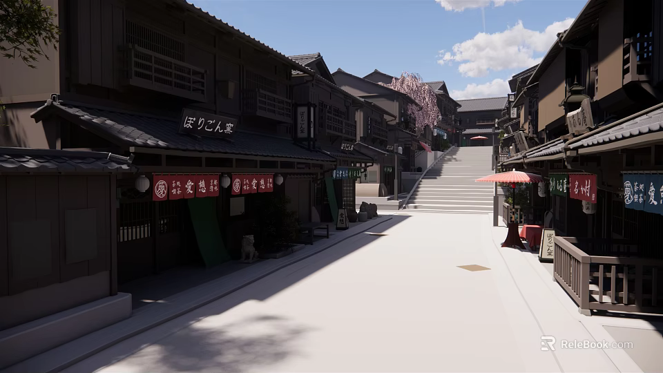 Traditional Japanese Commercial Street With Historic Buildings Cherry Blossom Trees And Stone Pavement 3d model 