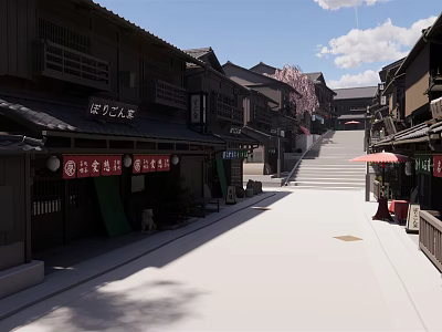 Traditional Japanese Commercial Street With Historic Buildings Cherry Blossom Trees And Stone Pavement 3d model