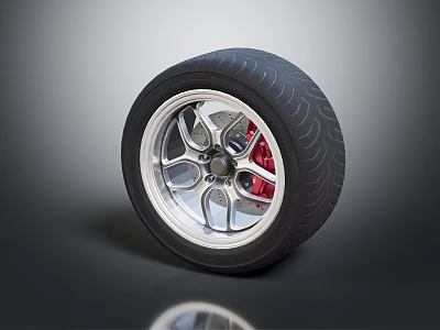 Sporty Tire Featuring Silver Alloy Wheel Red Brake Caliper And Aggressive Tread Pattern 3d model