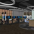 Modern Public Office Space With Brick Wall Backdrop Green Plants Computers And Workstations 3d model