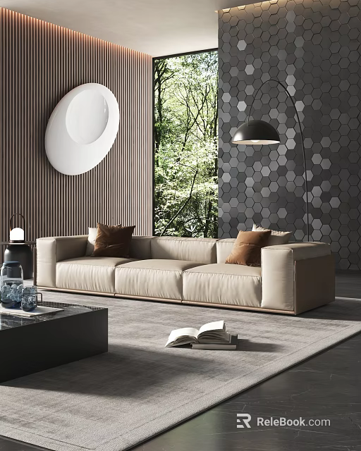 Modern Living Room Interior With Beige Three Seater Sofa Brown Pillows And Hexagon Wall Decor 3d model 