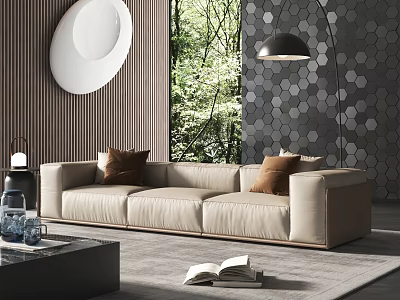 Modern Living Room Interior With Beige Three Seater Sofa Brown Pillows And Hexagon Wall Decor 3d model