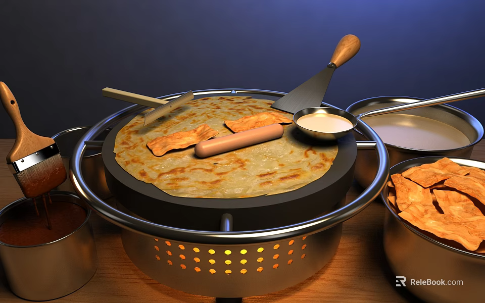 Traditional Perforated Griddle Pan with Wooden Spatula Ladle and Flatbread for Kitchen Cooking 3d model 