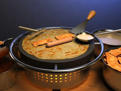Traditional Perforated Griddle Pan with Wooden Spatula Ladle and Flatbread for Kitchen Cooking 3d model