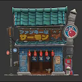 Cartoon Scene Featuring Japanese Style Shop Turquoise Roof Red Lanterns Street Lamp And Vending Machine