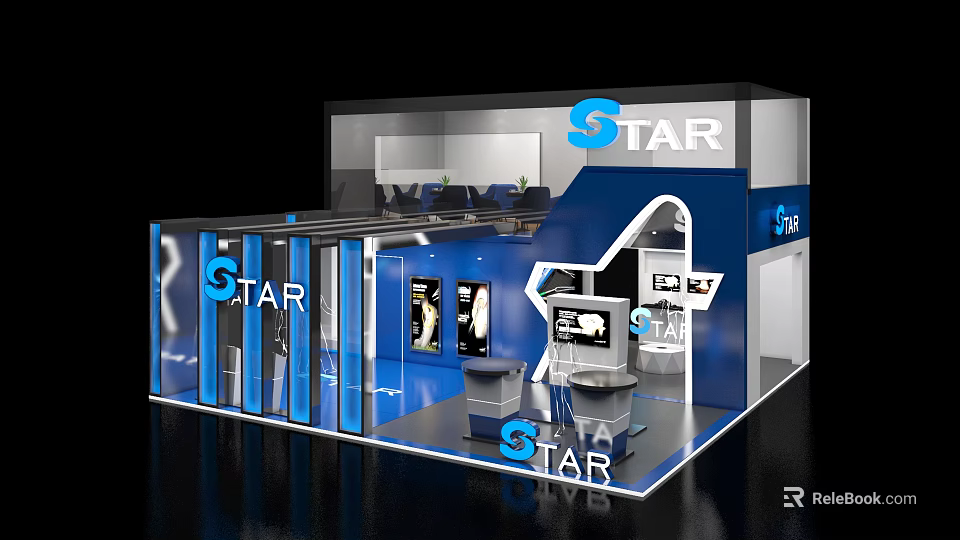 STAR Brand Modern Blue Exhibition Booth With Display Screens And Reception Area 3d model 