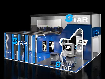 STAR Brand Modern Blue Exhibition Booth With Display Screens And Reception Area 3d model