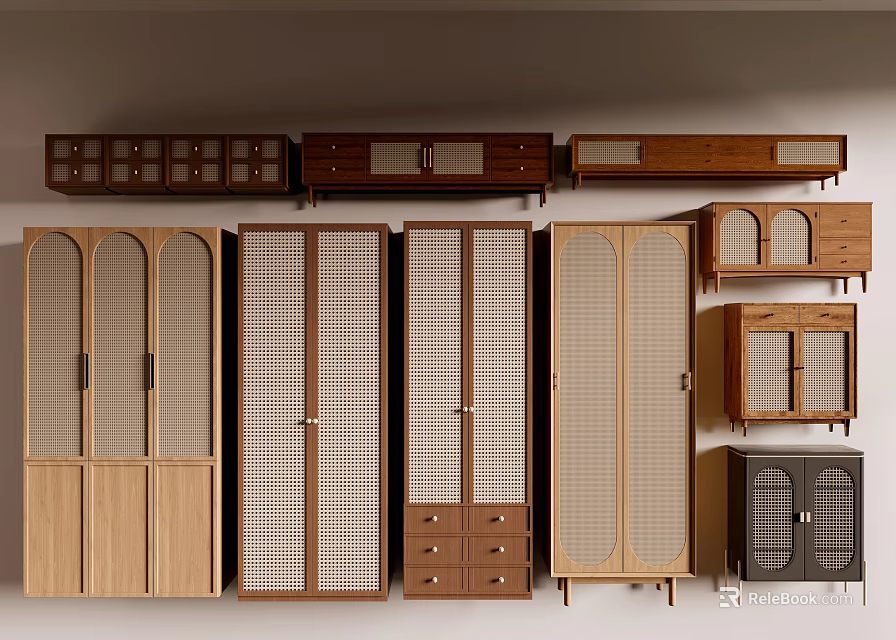 Various Wooden Cabinets With Different Designs Including Lattice Glass Doors And Drawers On 3d model 