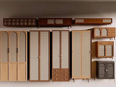 Various Wooden Cabinets With Different Designs Including Lattice Glass Doors And Drawers On 3d model