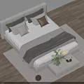 Modern Minimalist Double Bed With White Frame Gray Brown Pillows White Bench Green Plant And Wooden Floor