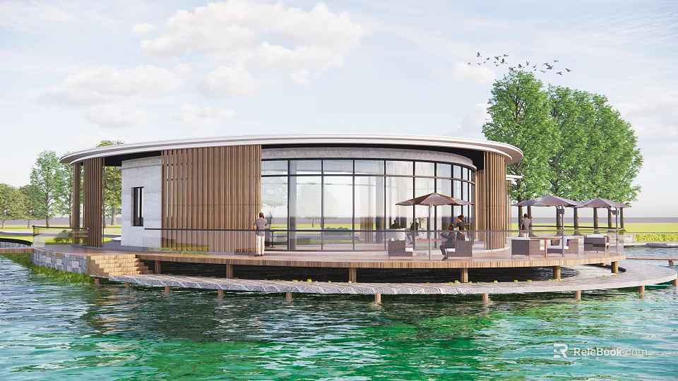 Circular Waterfront Building With Wooden Structure Glass Walls And Outdoor Deck 3d model