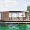 Circular Waterfront Building With Wooden Structure Glass Walls And Outdoor Deck 3d model