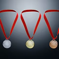 Gold Silver Bronze Medals with Red Ribbons Award Display on Dark Background