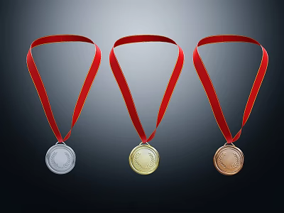 Gold Silver Bronze Medals with Red Ribbons Award Display on Dark Background 3d model