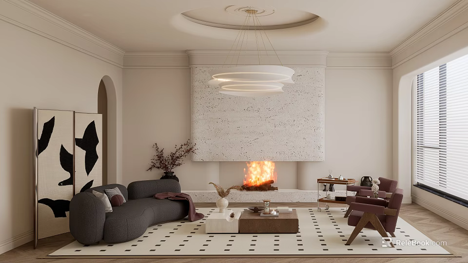 Elegant Modern Living Room Interior With Gray Sofa Marble Fireplace Round Chandelier And Geometric Carpet 3d model 