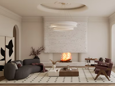 Elegant Modern Living Room Interior With Gray Sofa Marble Fireplace Round Chandelier And Geometric Carpet 3d model