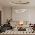 Elegant Modern Living Room Interior With Gray Sofa Marble Fireplace Round Chandelier And Geometric Carpet