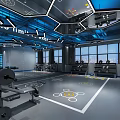 Modern Fitness Studio Interior With Blue Lighting Stationary Bikes And Wall Posters