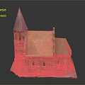 Whimsical Cartoon Scene With Red Brick Building Pointed Tower And Orange Roof