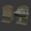 Vintage Carved Stone Washbasin Components With Decorative Base And Metal Faucet