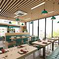 Modern Restaurant Interior Design With Green Banquettes White Tables Pendant Lights And Menu Boards
