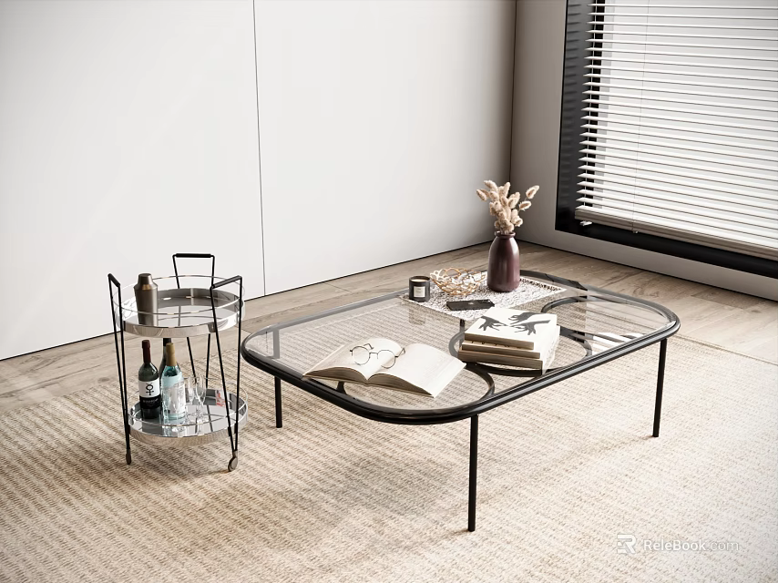 Glass Top Coffee Table With Black Metal Frame Open Book Stacked Books And Dried Flowers Vase 3d model 
