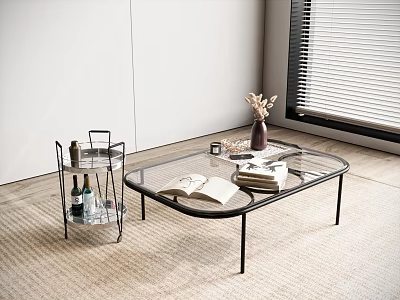 Glass Top Coffee Table With Black Metal Frame Open Book Stacked Books And Dried Flowers Vase 3d model