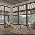 Cozy Indoor Leisure Space With Large Windows Wooden Blinds Armchairs Coffee Table And Wooden Floor