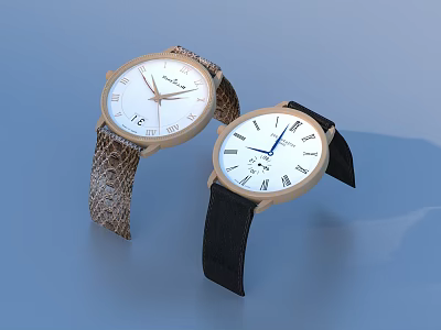 Two Stylish Watches with Snakeskin Brown and Black Straps White Dials Featuring Roman Numeral Indices 3d model