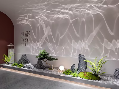 Indoor Miniature Garden With Rock Features Small Plants Round Light Wavy Wall And Gravel 3d model