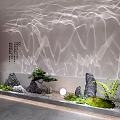 Indoor Miniature Garden With Rock Features Small Plants Round Light Wavy Wall And Gravel