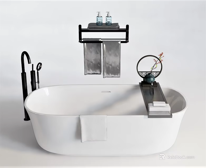 Modern White Bathtub With Black Faucet Wall Shelf Towels Toiletries And Decorative Flower 3d model 