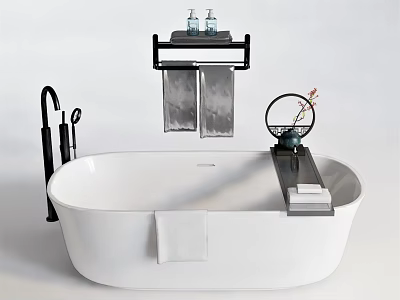 Modern White Bathtub With Black Faucet Wall Shelf Towels Toiletries And Decorative Flower 3d model