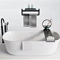 Modern White Bathtub With Black Faucet Wall Shelf Towels Toiletries And Decorative Flower