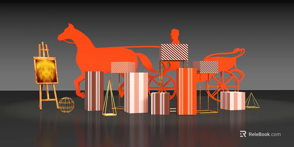 Vibrant Orange Horse Carriage Silhouette With Striped Display Stands And Decor 3d model 