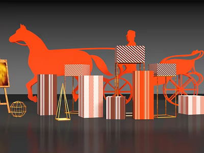 Vibrant Orange Horse Carriage Silhouette With Striped Display Stands And Decor 3d model