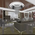 Modern Living Room Interior With Gray Sofa Glass Coffee Tables Chandelier And Floor-to-Ceiling Windows