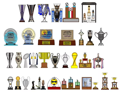 Diverse Collection of Trophies and Medals Featuring Various Shapes and Designs 3d model