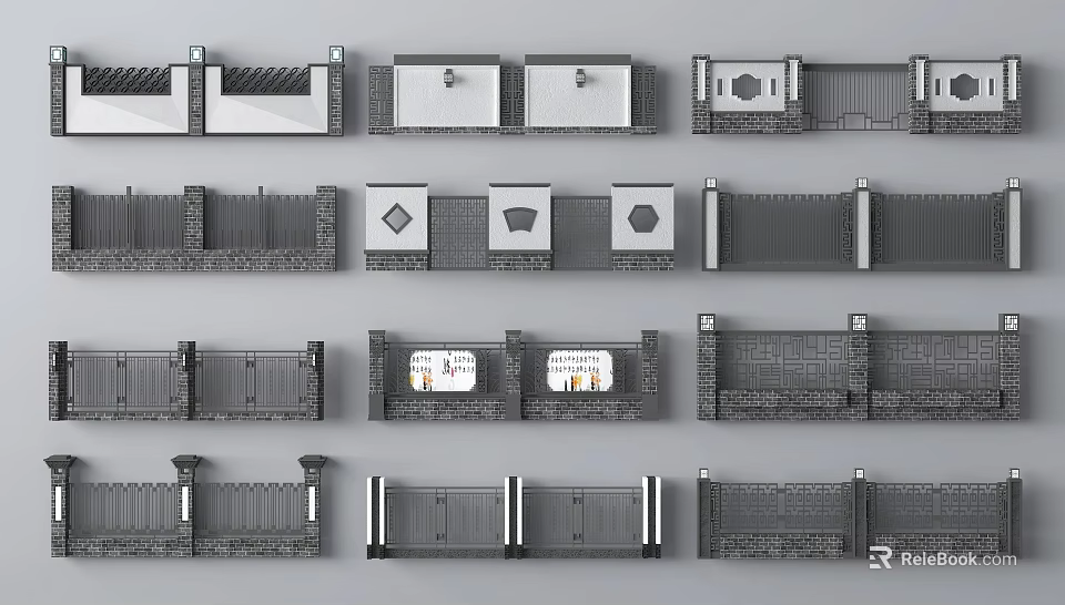 Diverse Building Exterior Wall Designs With Brick Structures And Decorative Elements 3d model