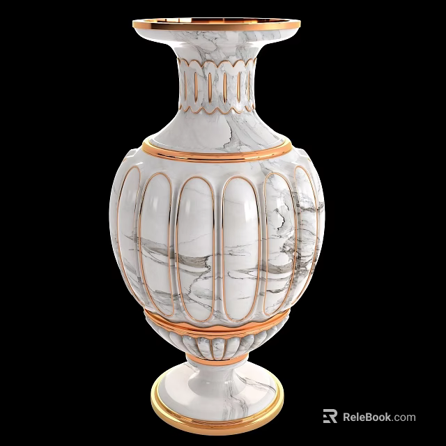 Elegant White Marble Floral Vase With Gold Trim And Classic Design 3d model 