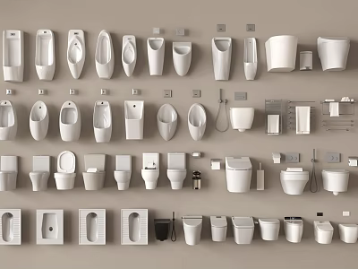 White Urinal Collection With Various Bathroom Toilet Fixtures And Accessories 3d model