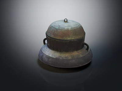 Ancient Bronze Vessel With Domed Lid And Side Handles On Base 3d model