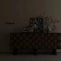 Modern Wooden Console Cabinet Sideboard With Checkerboard Pattern And Decorative Items 3d model